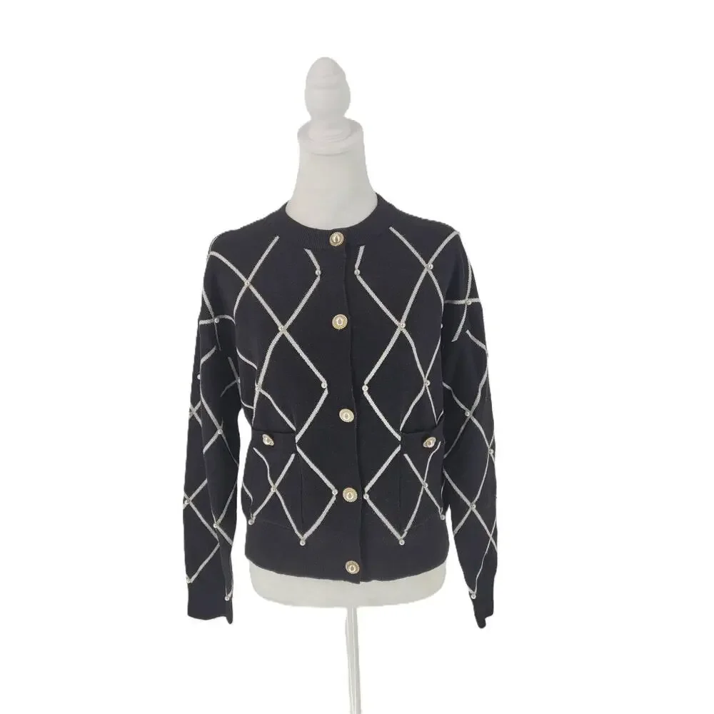 NWT Love Ever After Womens Black Diamond Knitted Cardigan Sweater Size M Preppy - Picture 2 of 10